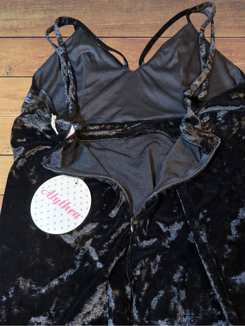 Black Crushed Velvet Midi Dress Plunging V-Neck Caged Open Back Double Strap M - Picture 10 of 16